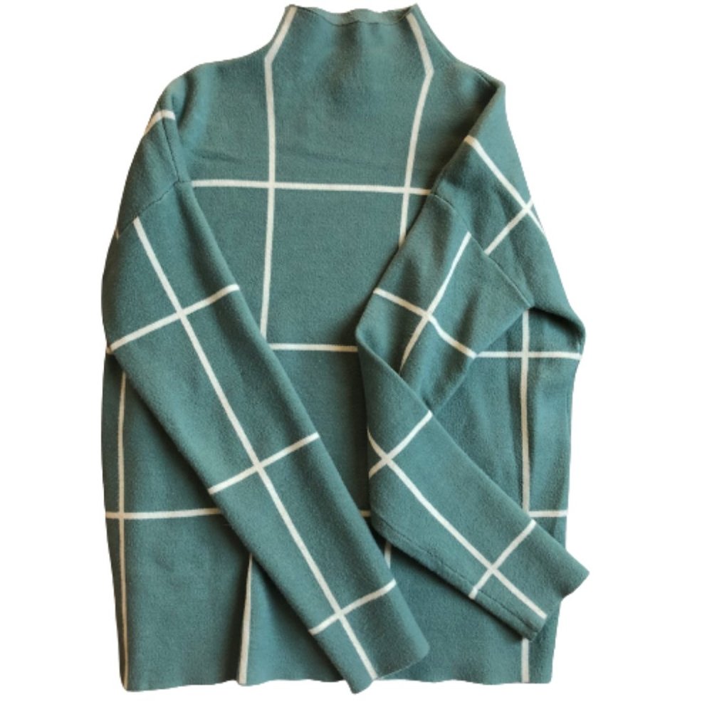 Cynthia Rowley Mock Neck Windowpane Sweater TEAL Size Small